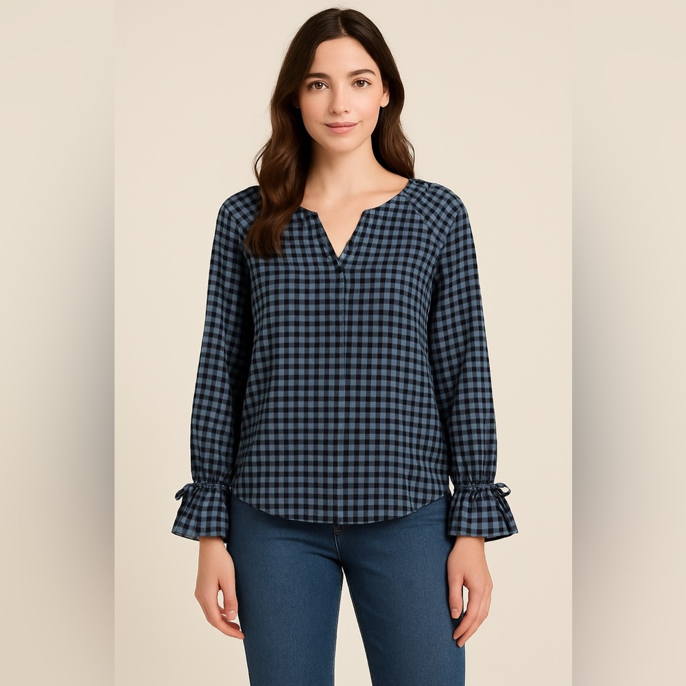 Talbots Blue Black Gingham Check Cotton Blouse Women’s Medium Long Sleeve